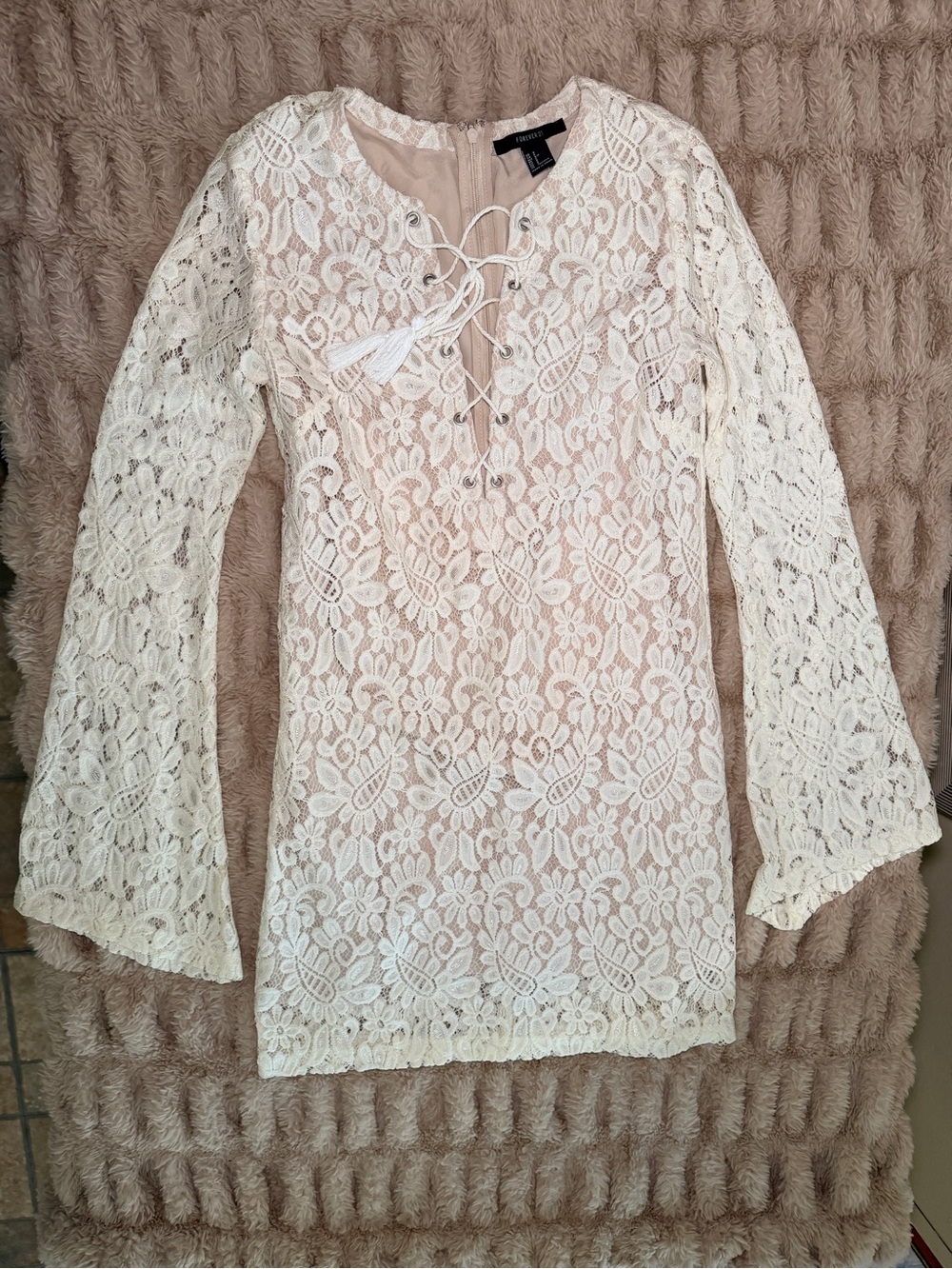 Forever 21 Cream Lace Long Sleeve Dress with Tassel Tie